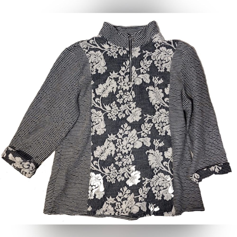CHICO'S SIZE SMALL 1/4 ZIP PULLOVER TOP FLORAL AND STRIPES